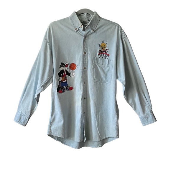 Vintage 1993 Sylvester/Tweety Bird Denim Embroidered Button Sz generous S - Picture 1 of 3